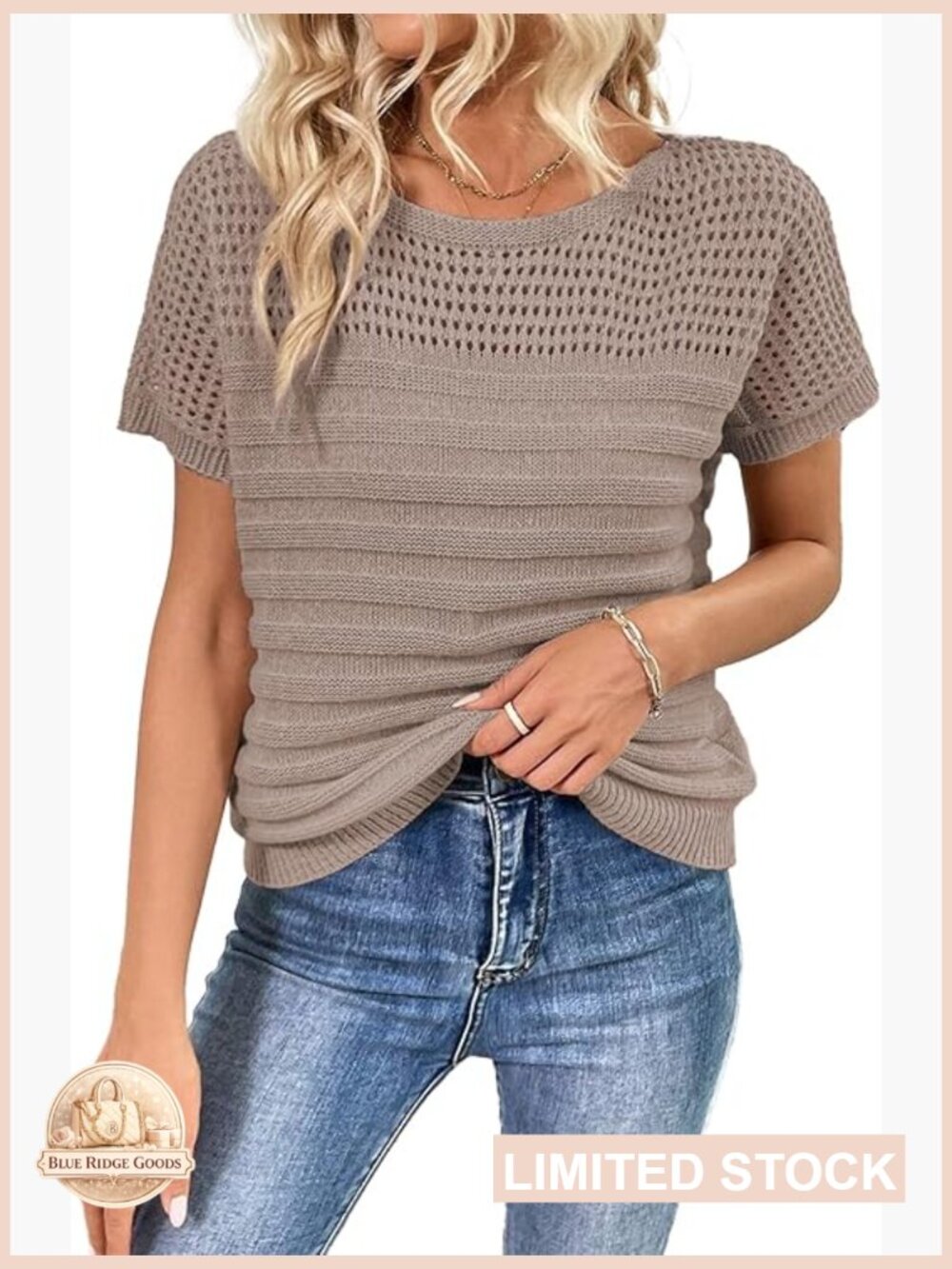 Lightweight Crochet Crew Neck Short Sleeve Pullover Sweater Knit Hollow Out